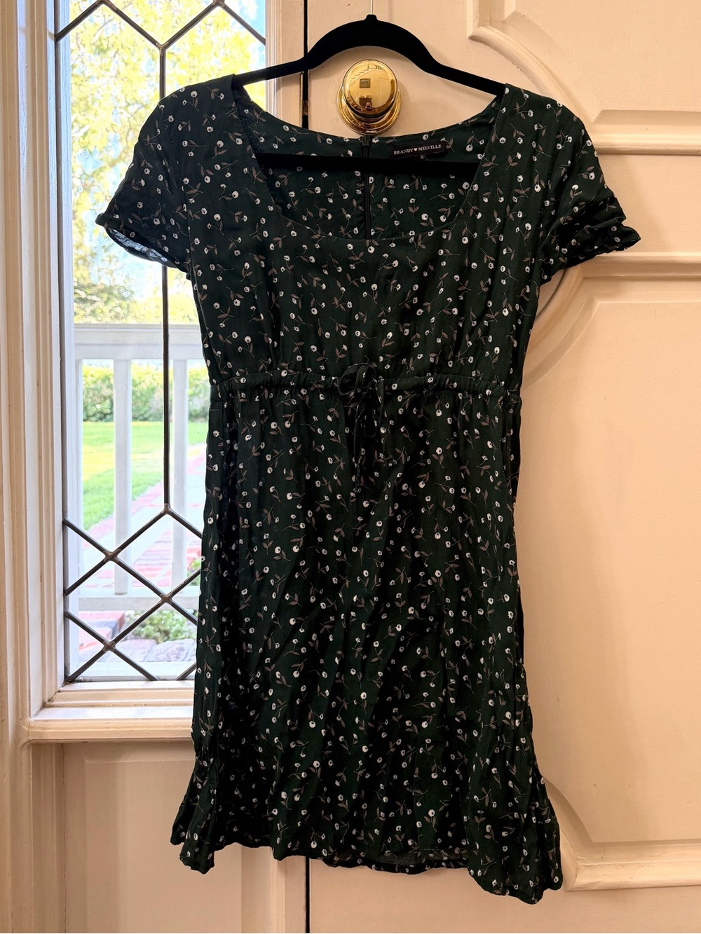 Brandy Melville Dark Green Floral Tie-Waist Mini Dress